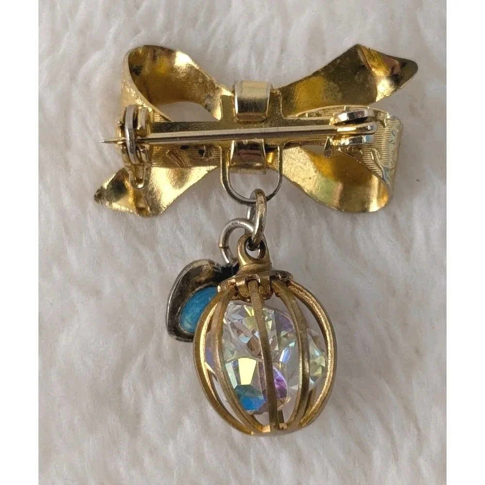 Vintage Gold Tone Bow Brooch Caged AB Crystal Charm‎ Heart Dangle 1960s Jewelry